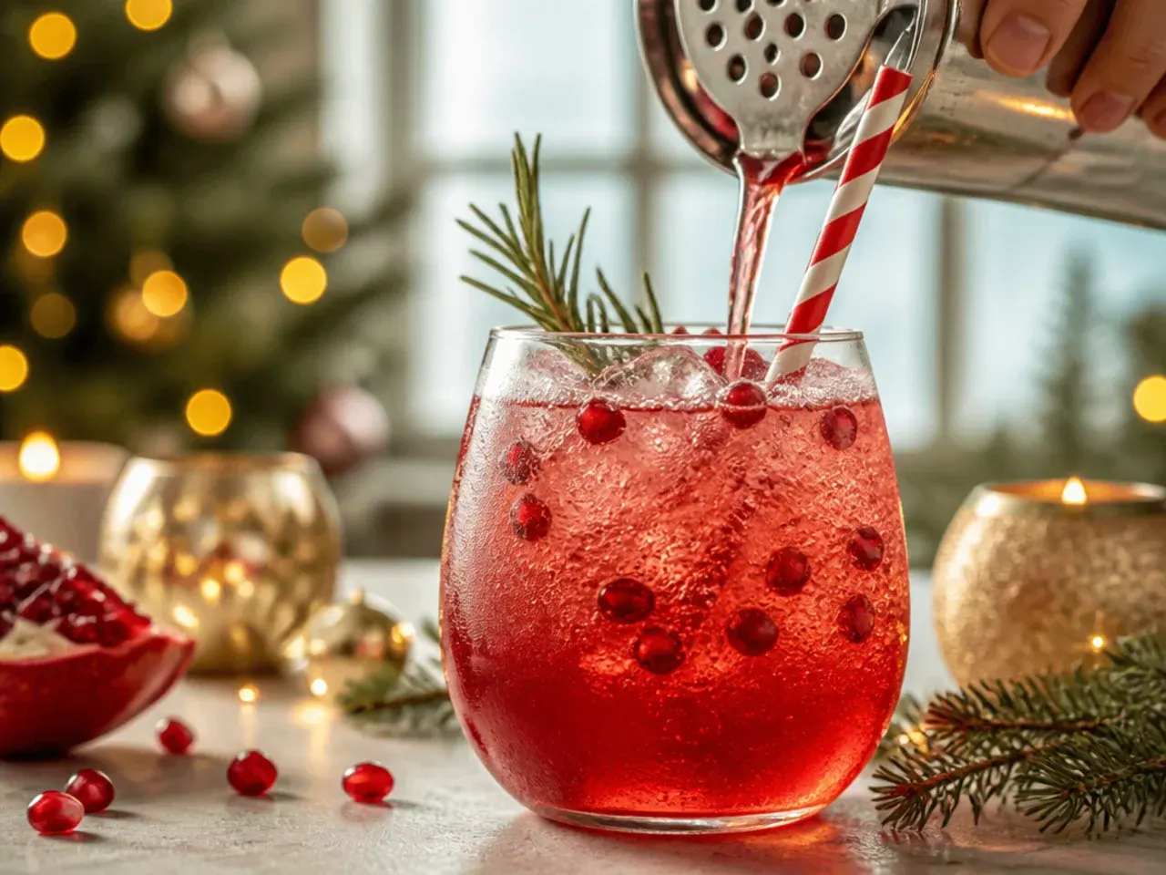 Wine glass pomegranate sparkler with floating pomegranate seeds and ice