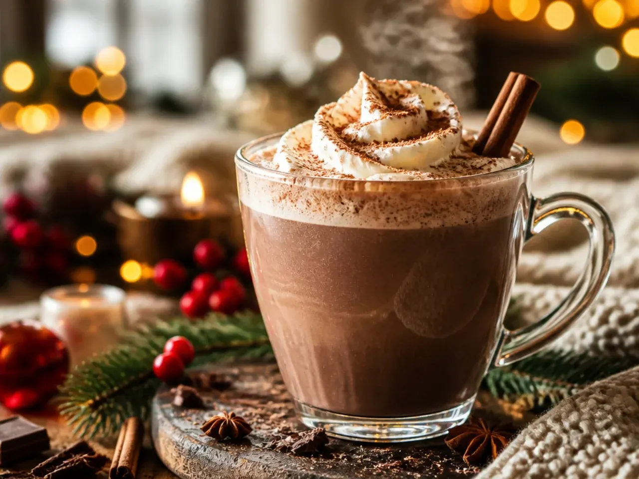 Mug of spiced hot chocolate with cinnamon dusting and marshmallows on top