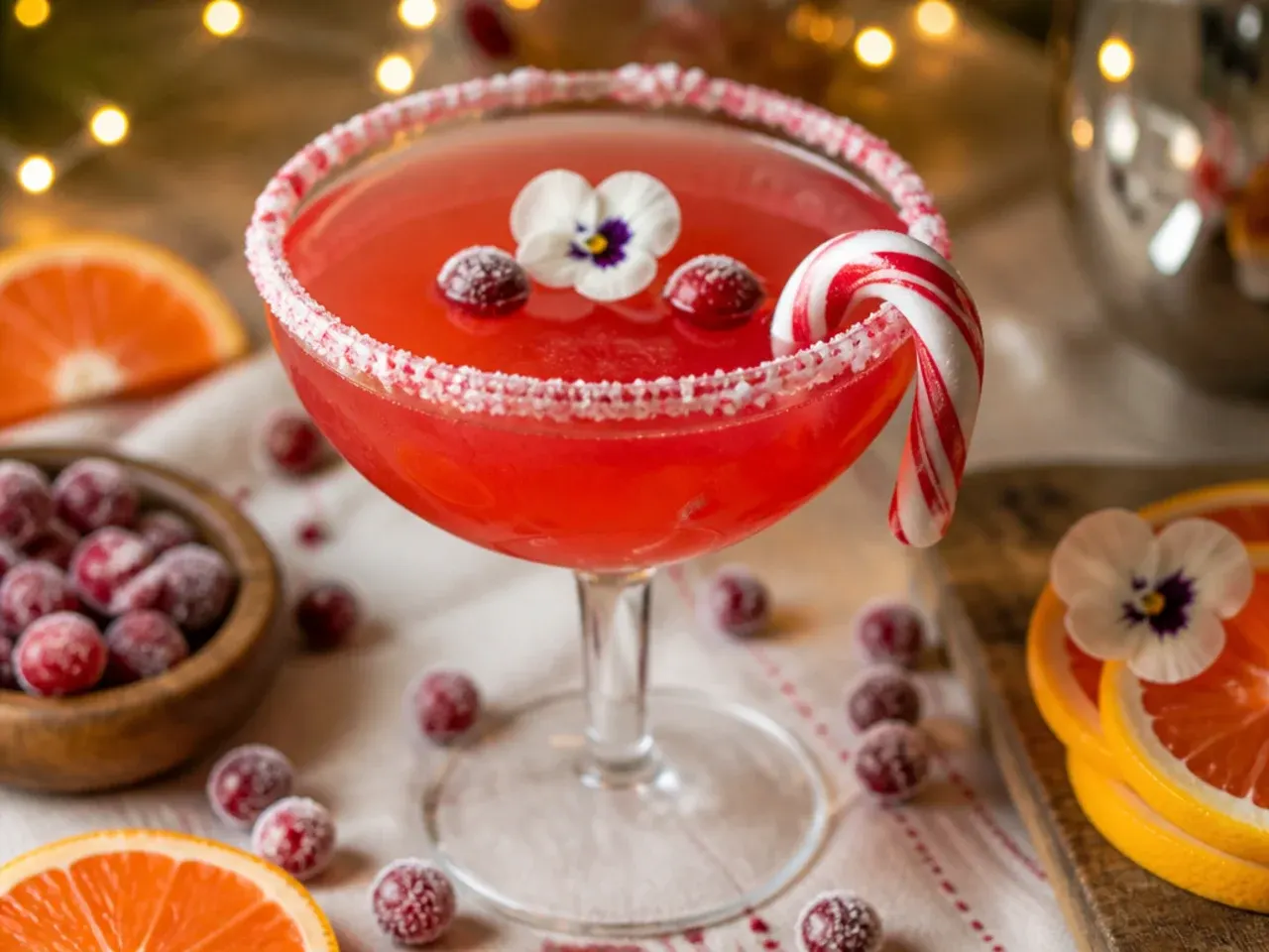 Chilled cosmo-style glass with a crushed candy cane rim and pink cranberry drink