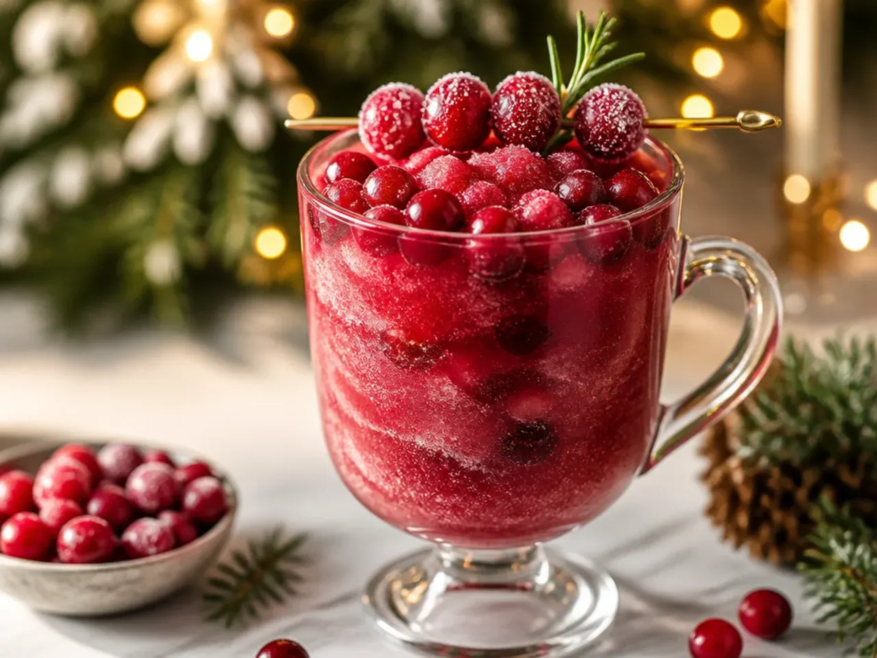 Frozen cranberry slush in a rimmed glass with a lime wheel garnish