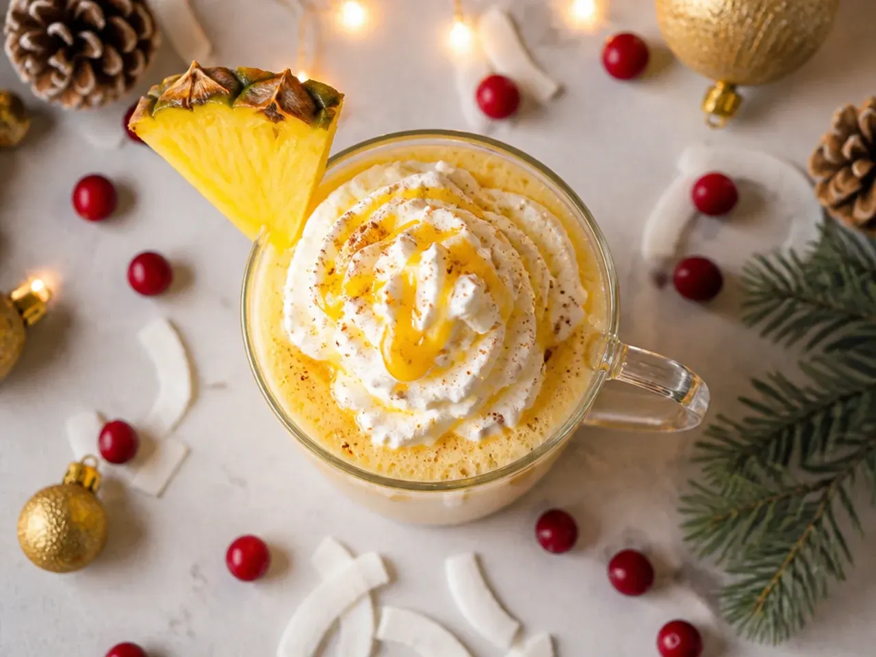 Frosty blended piña colada eggnog drink in a chilled glass with pineapple garnish