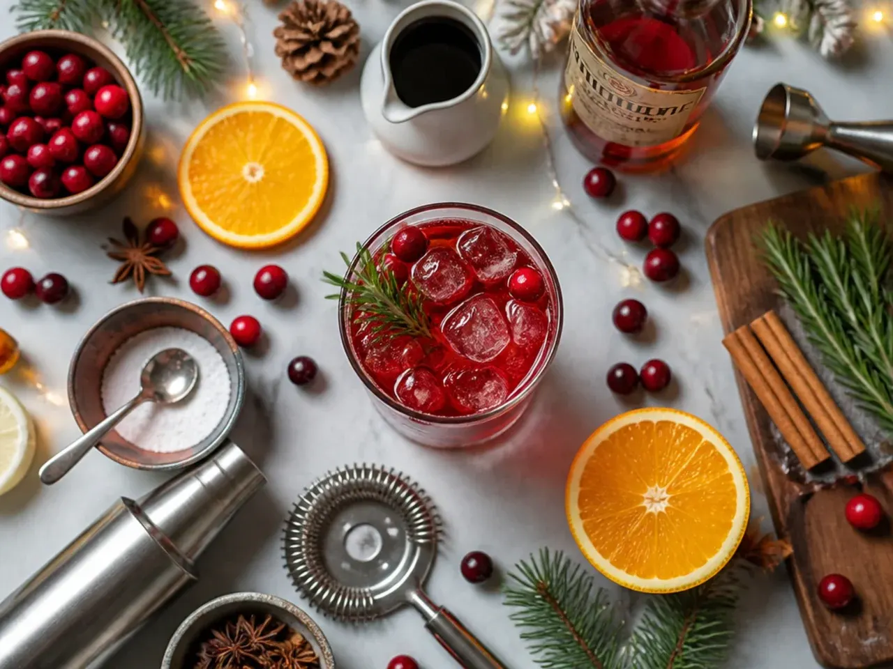 Close-up of hands garnishing a Christmas drink with a cinnamon stick and orange peel