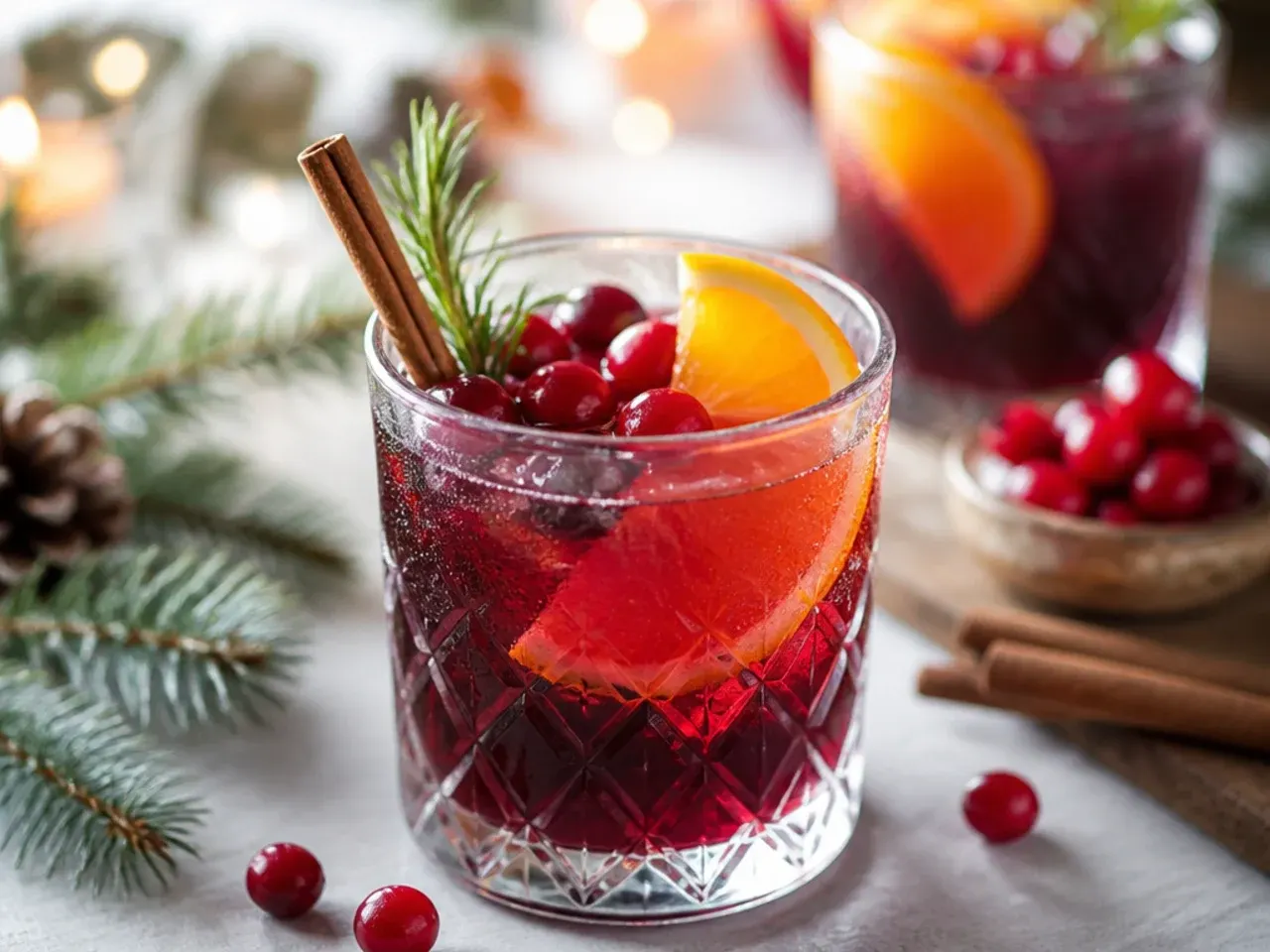 Row of festive drink glasses with candy cane rims and fresh cranberry garnishes