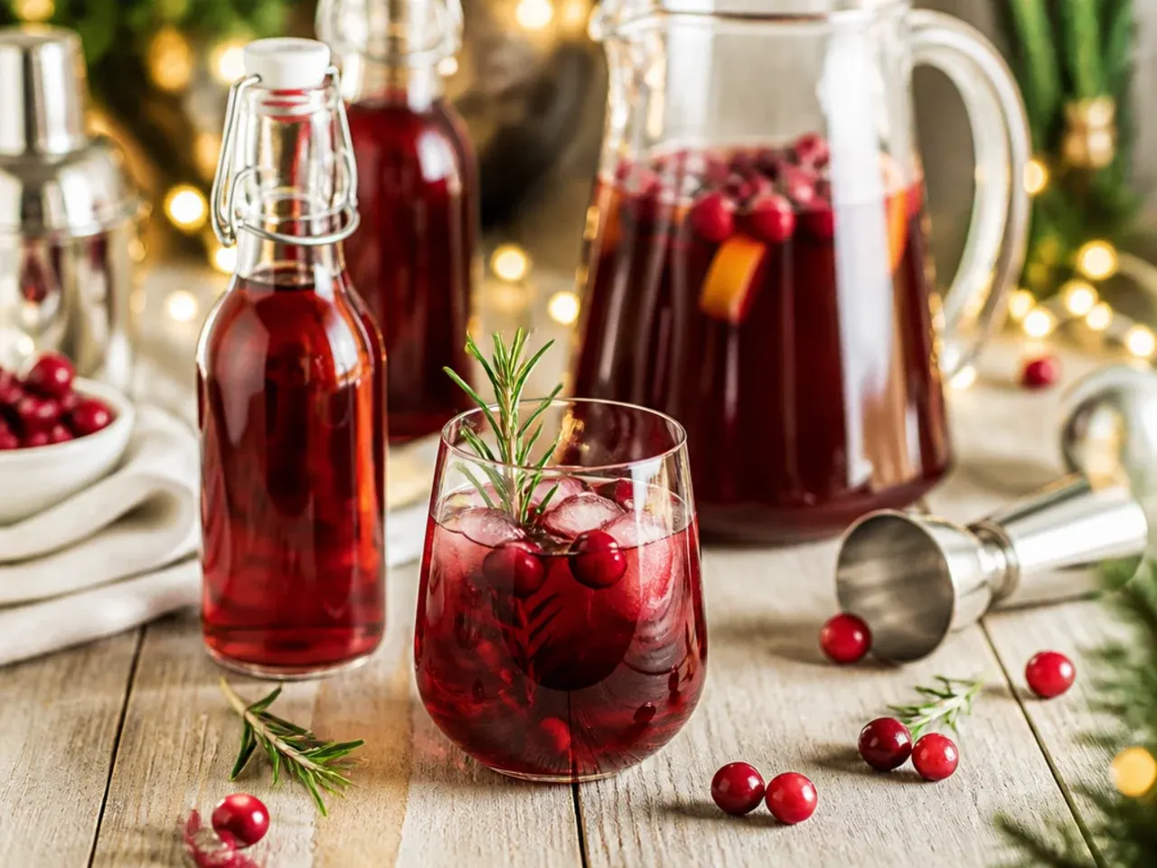 Glass pitcher of mulled cider being poured into mugs on a holiday table