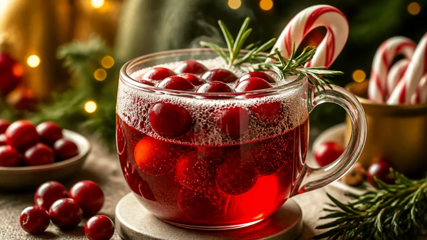 A wooden brunch table set with fifteen Christmas drinks including cranberry mimosas, eggnog, and peppermint hot chocolate, garnished with cinnamon sticks and rosemary