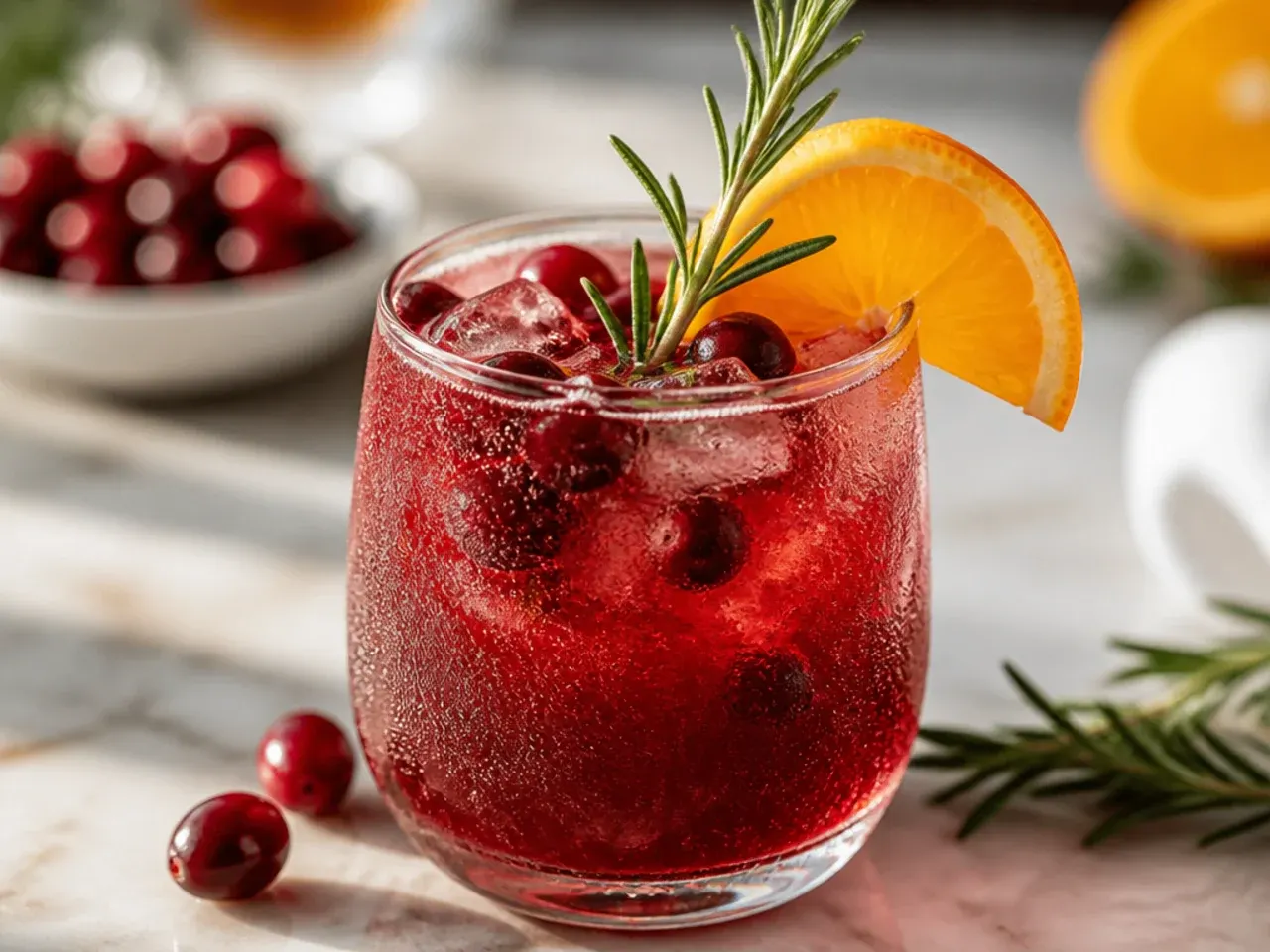 Overhead shot of a Christmas brunch table with several drinks in glasses surrounded by holly and pine sprigs