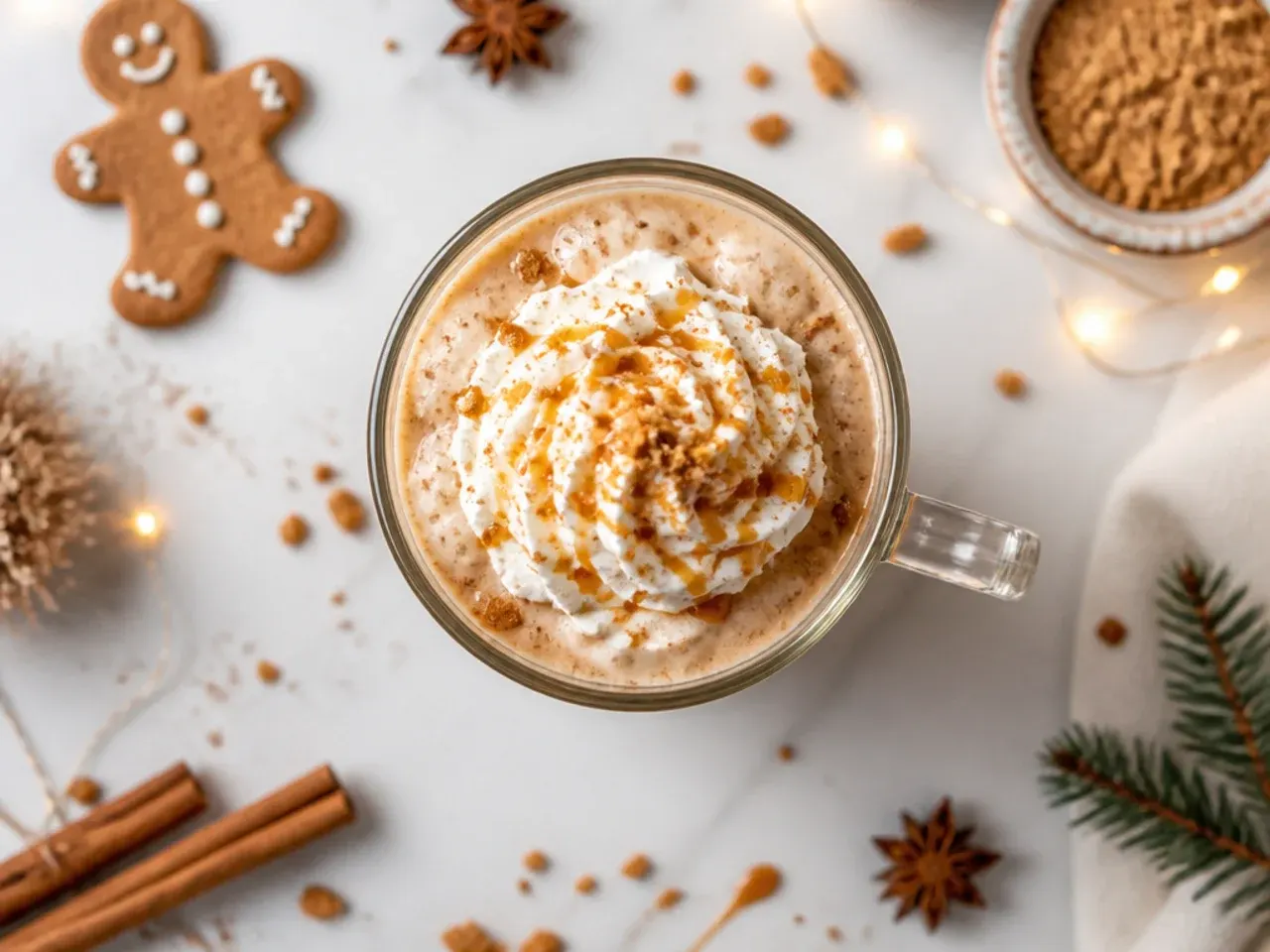 Iced gingerbread oat milk latte in a tall glass with cinnamon dusted on top