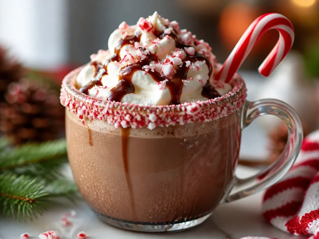 Peppermint mocha topped with whipped cream and crushed candy cane in a glass mug