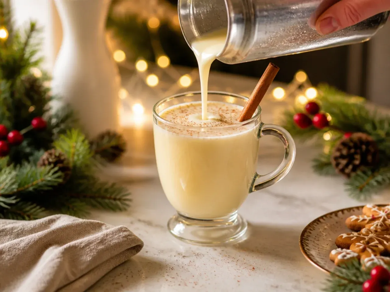 Glass mug of creamy homemade eggnog dusted with fresh grated nutmeg