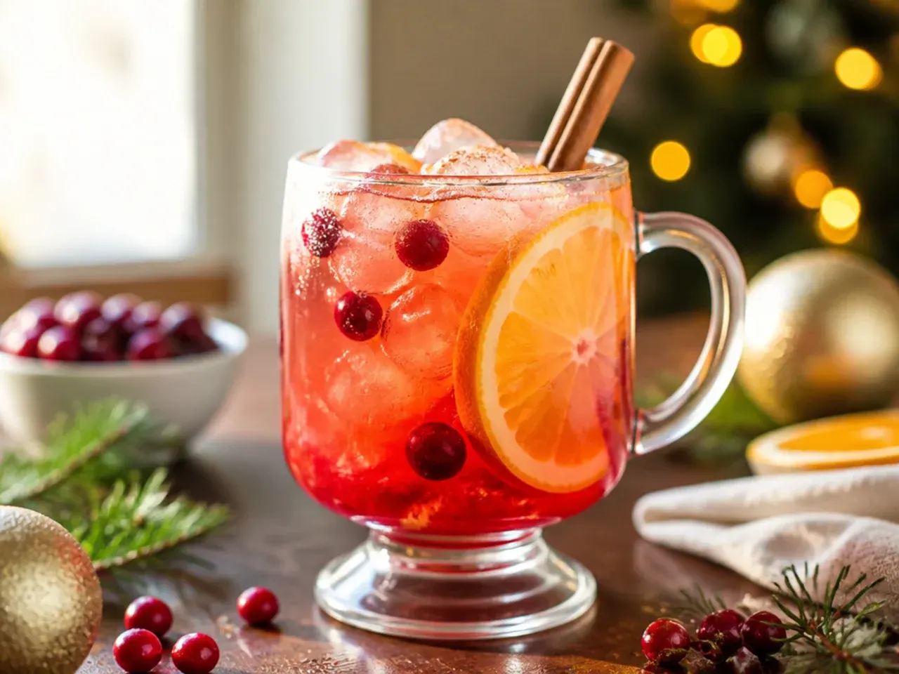 Cranberry orange spritzer with ice and a rosemary garnish in a tall clear glass