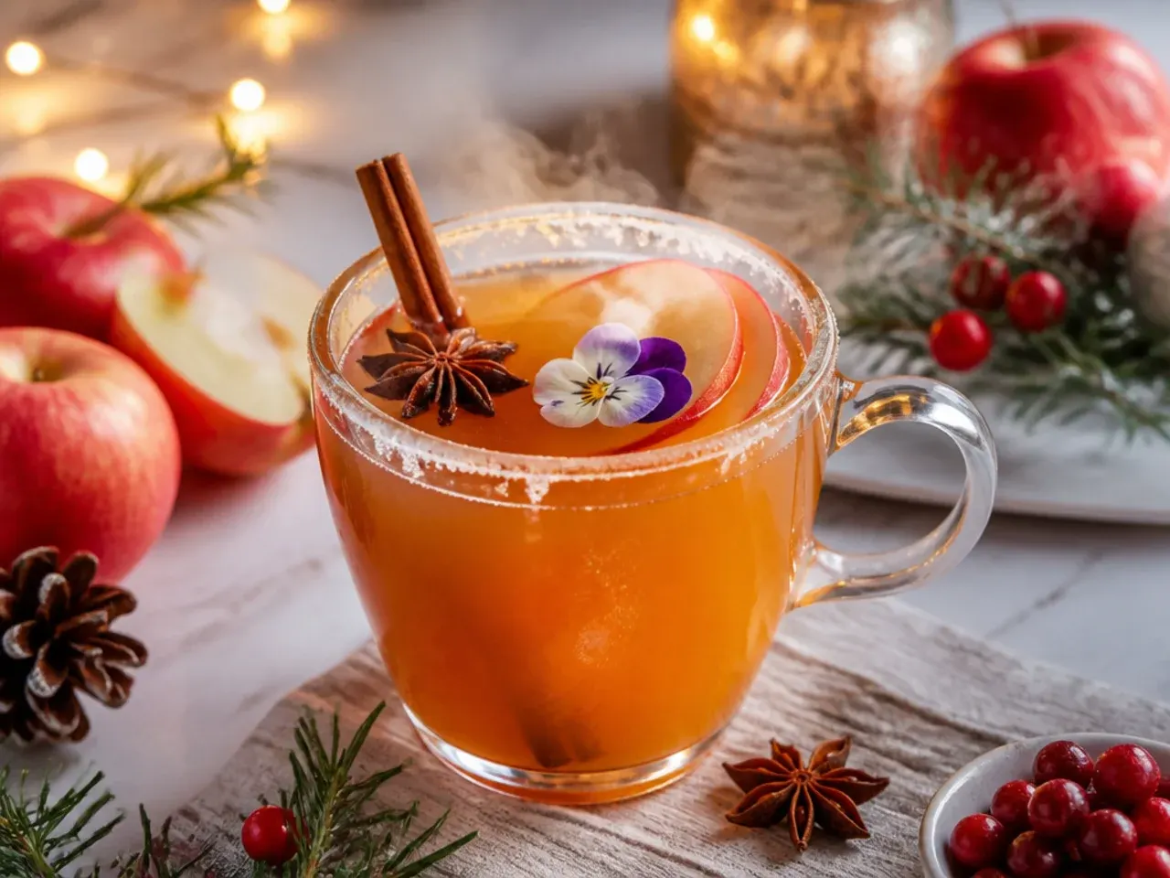 Mug of mulled apple cider with a cinnamon stick and orange slice garnish