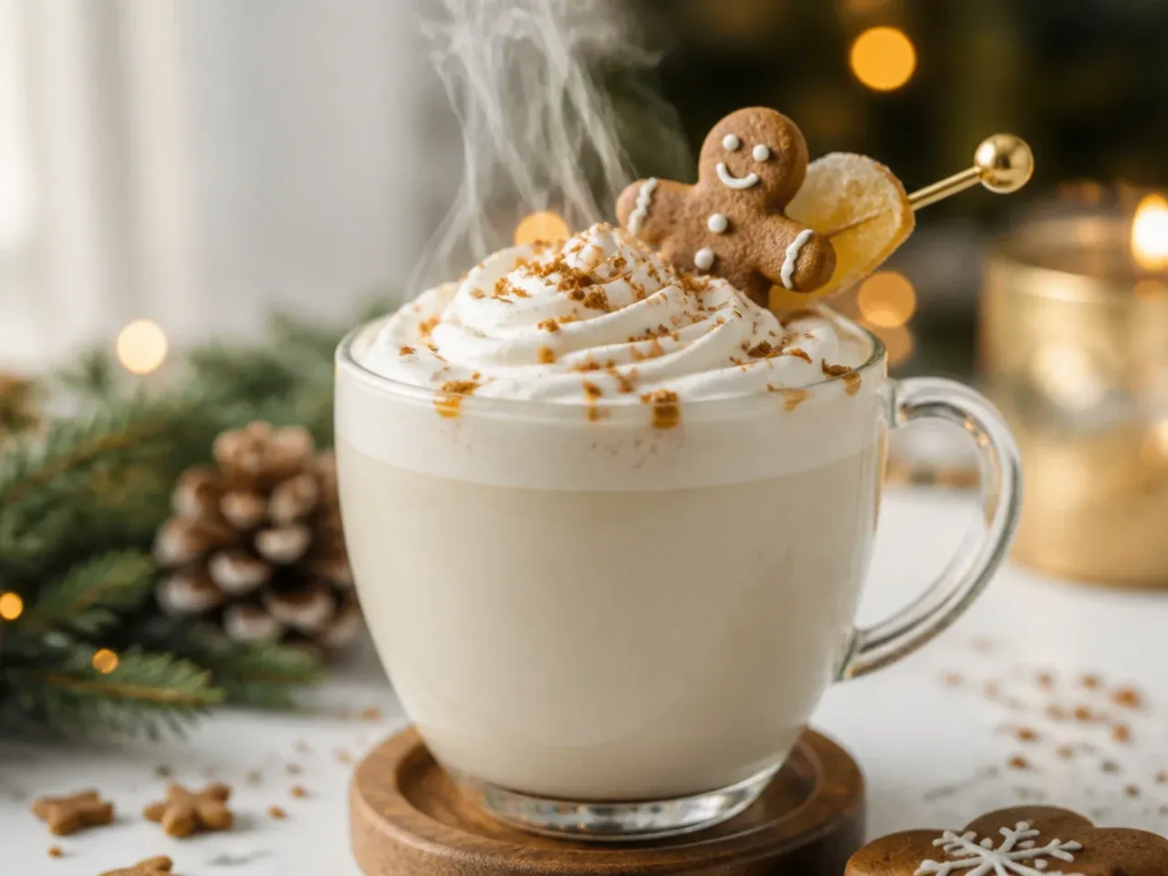 Mug of white hot chocolate topped with whipped cream and a crumbled gingerbread biscuit