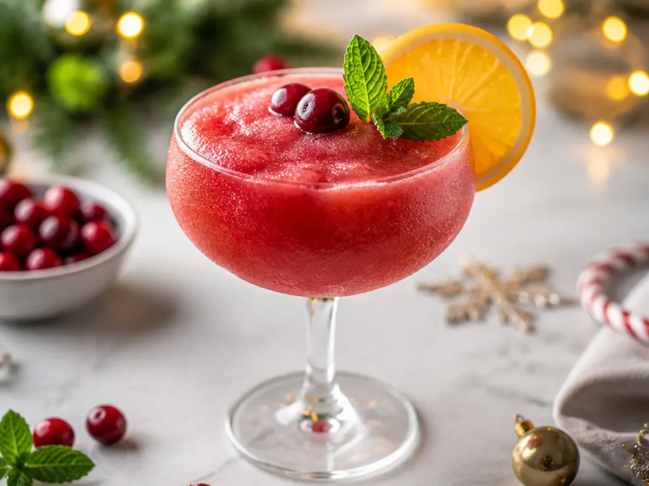 Frozen cranberry bellini slush in a coupe glass with fresh cranberries floating on top