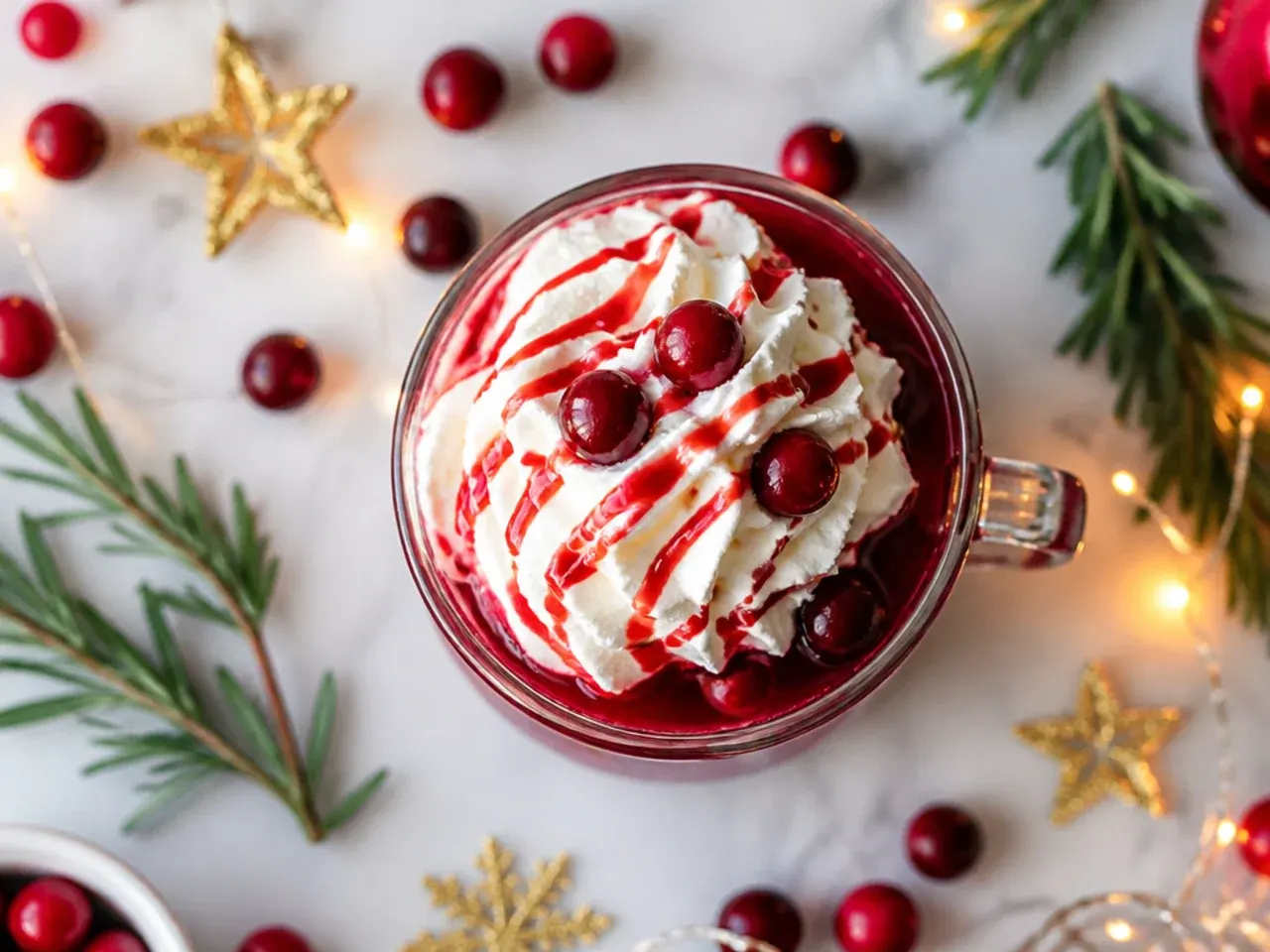 Bright red poinsettia cocktail in a champagne flute with floating cranberries
