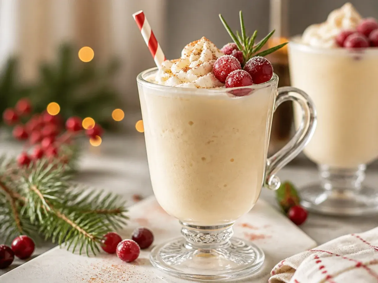Thick eggnog milkshake in a tall glass topped with whipped cream and nutmeg
