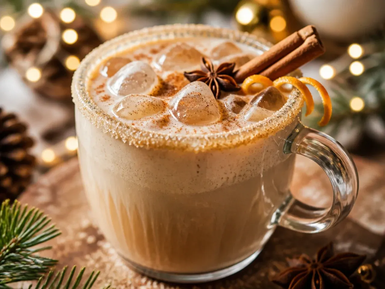 Spiced chai latte with frothy milk and cinnamon dusting in a glass mug