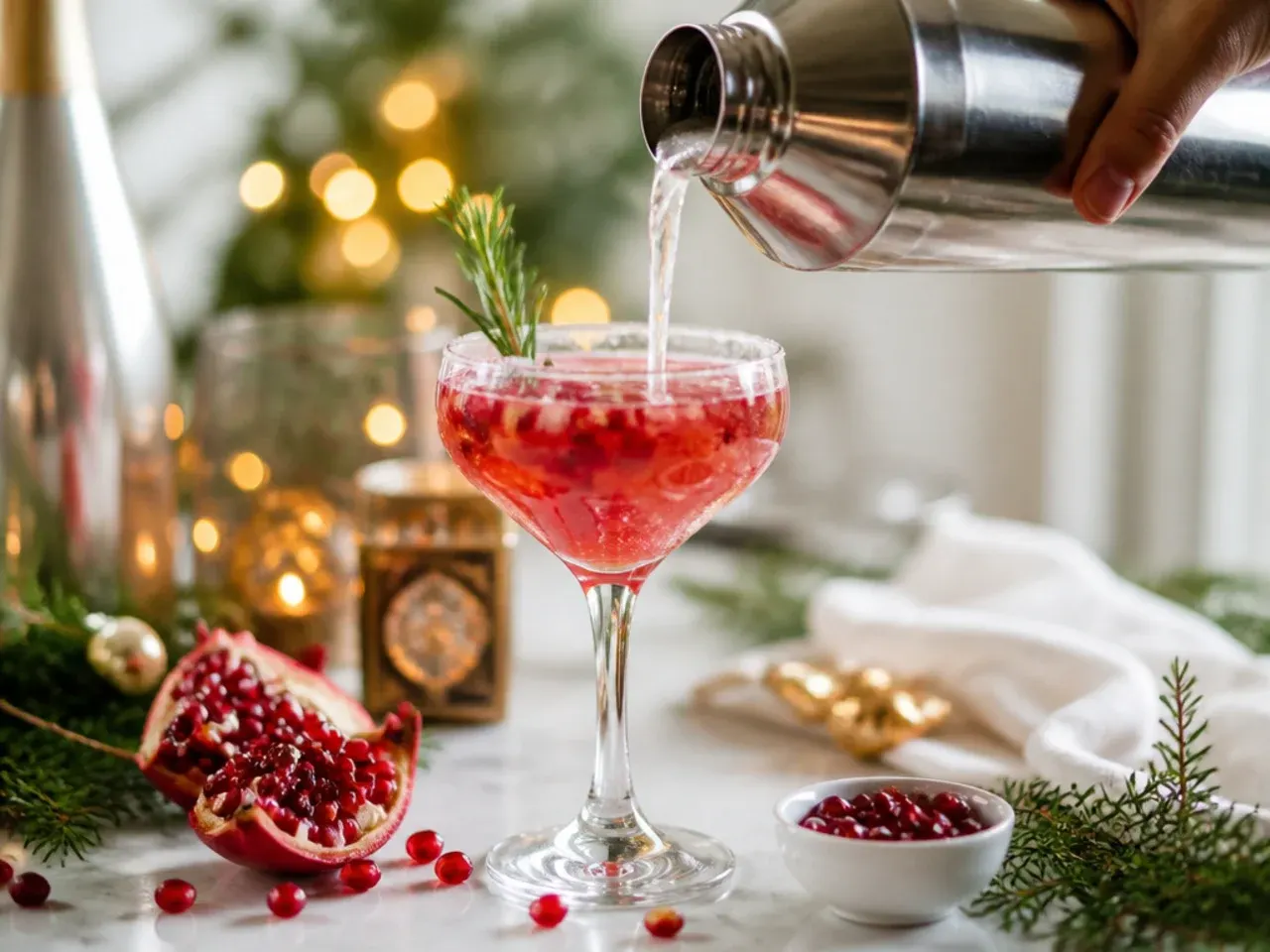 Ruby-red pomegranate mimosa in a champagne flute topped with floating pomegranate seeds