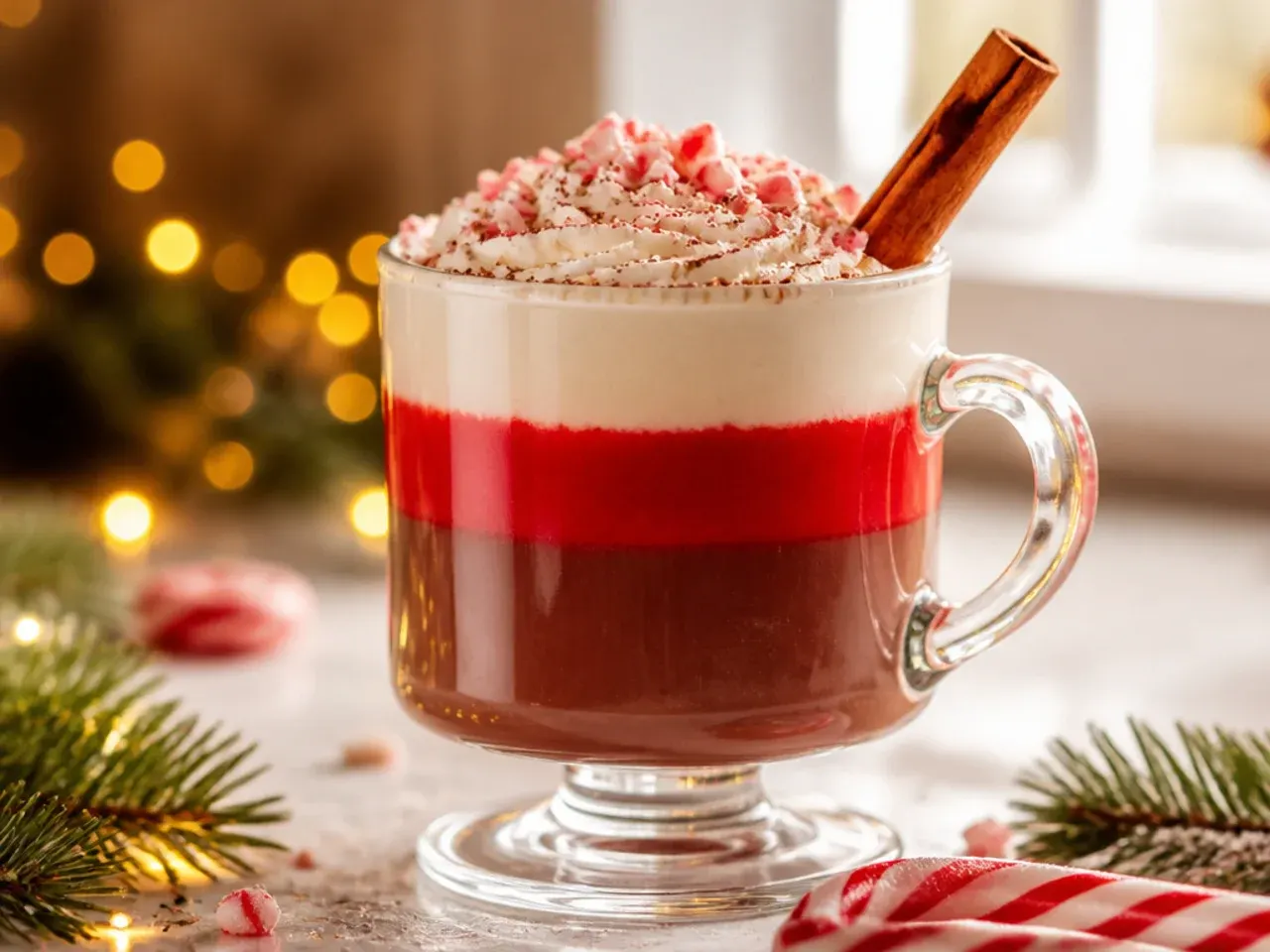 Layered candy cane hot chocolate with whipped cream and crushed peppermint candy in a clear glass mug