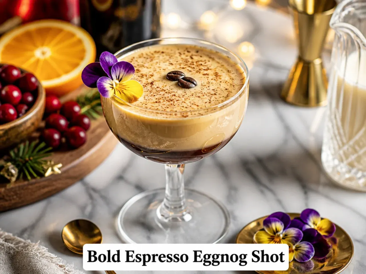 Small espresso eggnog shot in a rocks glass with a light coffee foam on top