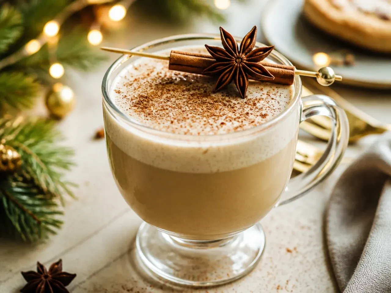 Vanilla chai nog served over ice in a tall glass with a cinnamon stick stirrer
