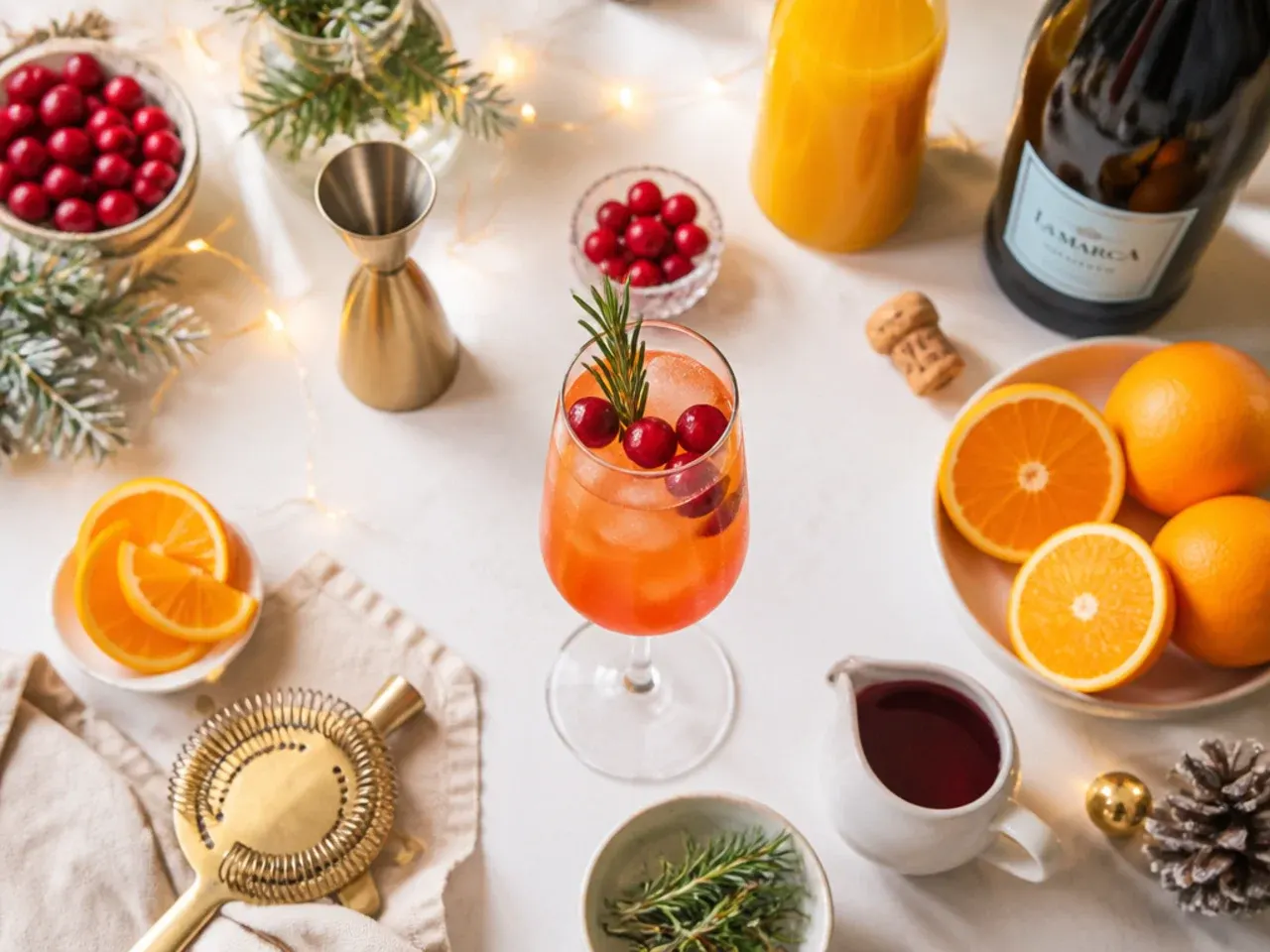 Close-up of hands pouring Prosecco into a chilled mimosa glass over orange juice