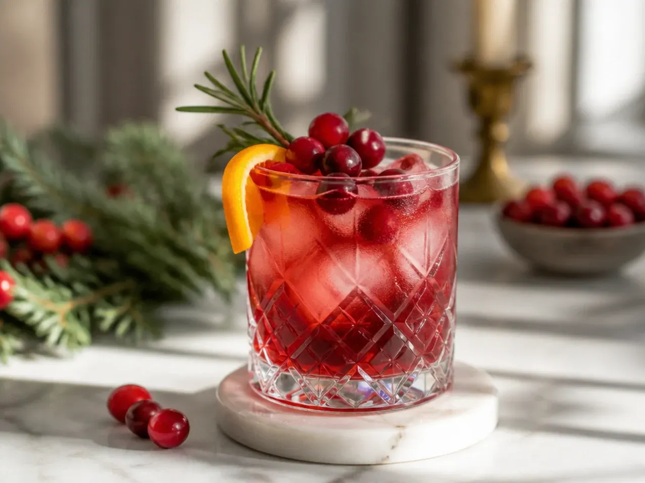 Christmas brunch drinks table with small bowls of garnishes including cranberries and cinnamon sticks