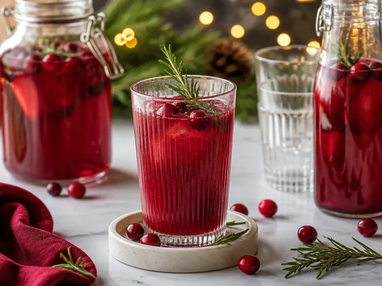 Glass jugs of pre-batched cranberry orange mix and mulled cider ingredients ready for a Christmas brunch