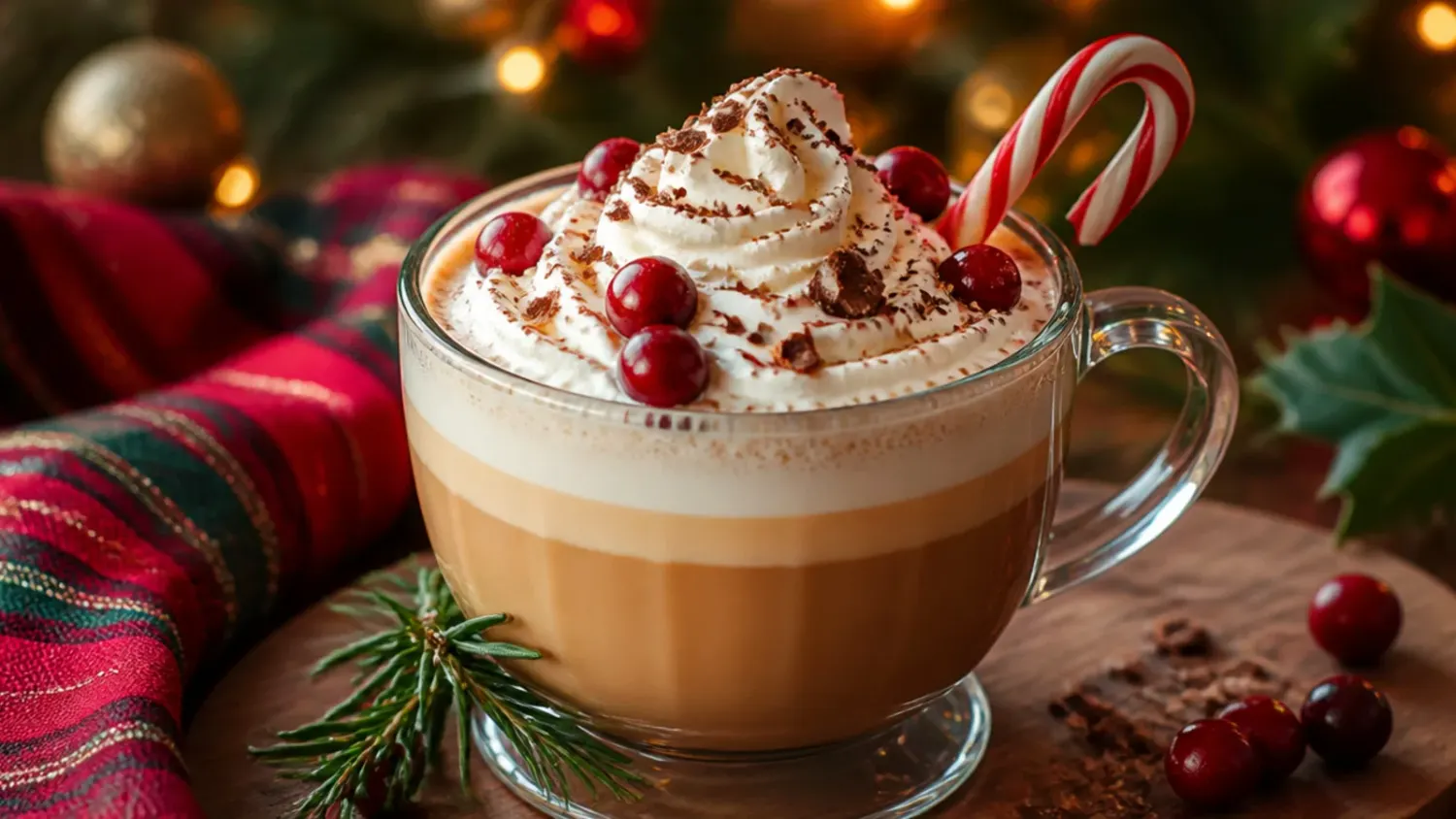 A wooden board of festive christmas coffee drinks in glass mugs topped with whipped cream, candy cane pieces, and cinnamon sticks, surrounded by pine sprigs and fairy lights
