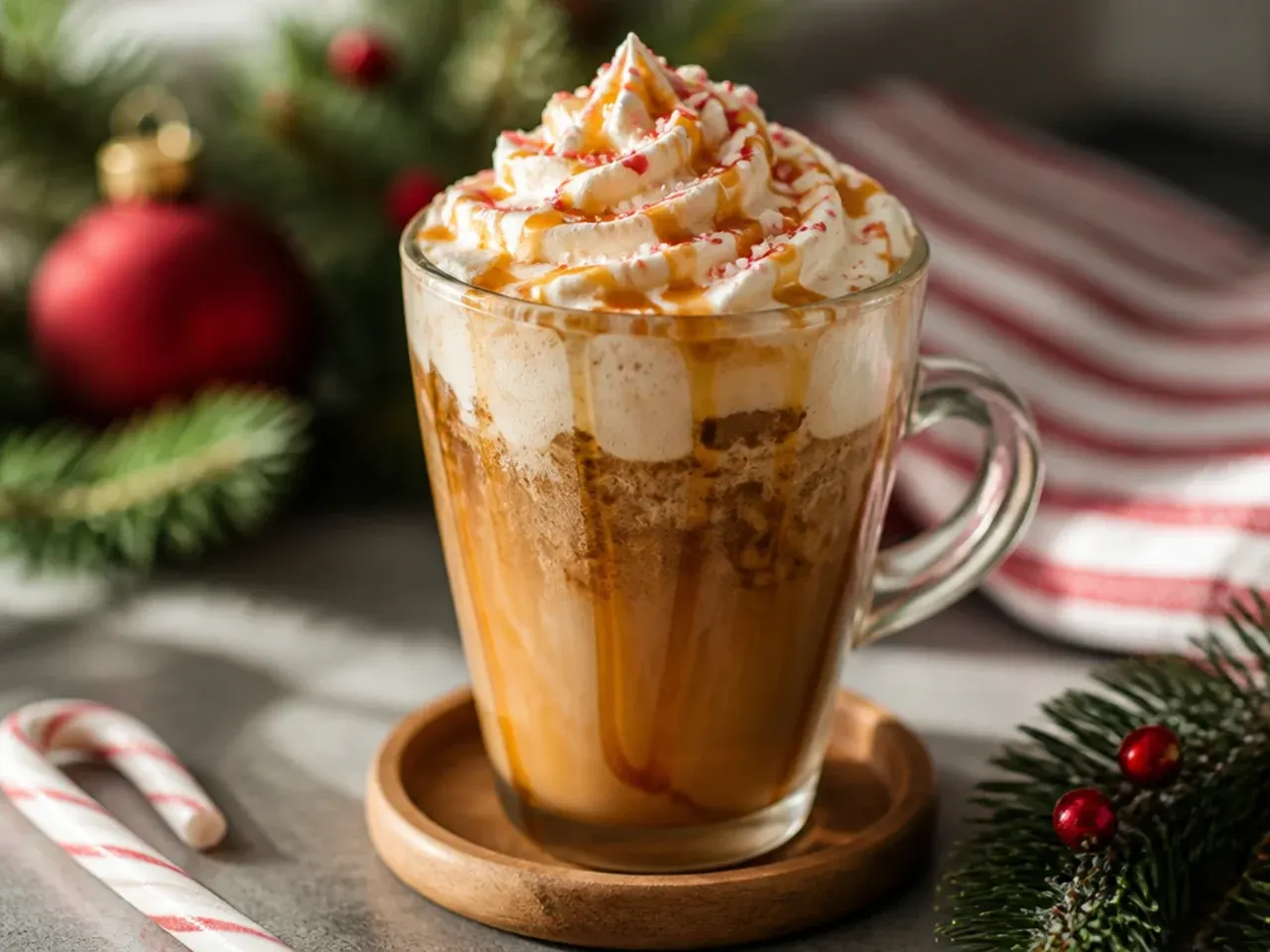 Overhead shot of ingredients for christmas coffee drinks laid out on a marble counter, including espresso, milk, chocolate, and candy canes
