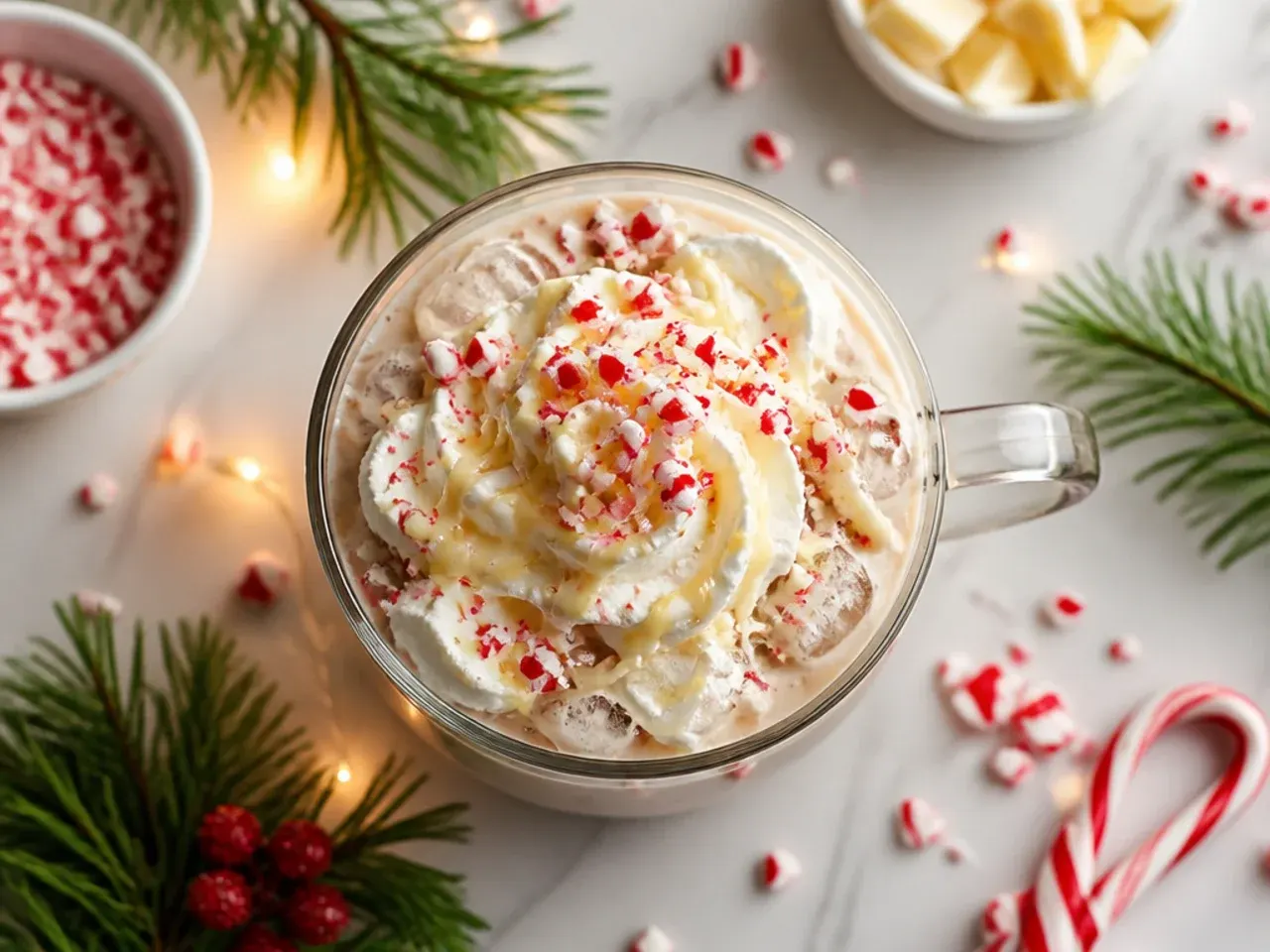 Iced peppermint white mocha in a tall glass with a candy cane stirrer and visible white chocolate swirl