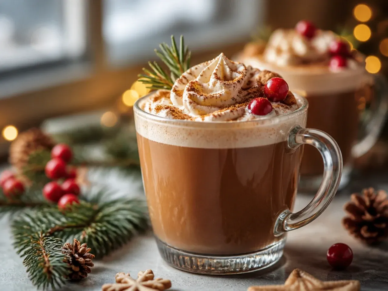 Classic gingerbread spice latte in a ceramic mug with dusted spices on the foam and a cinnamon stick garnish