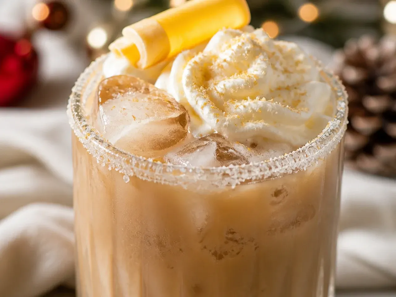 Toasted white chocolate mocha in a takeaway-style cup with caramel-toned whipped cream drizzle on top