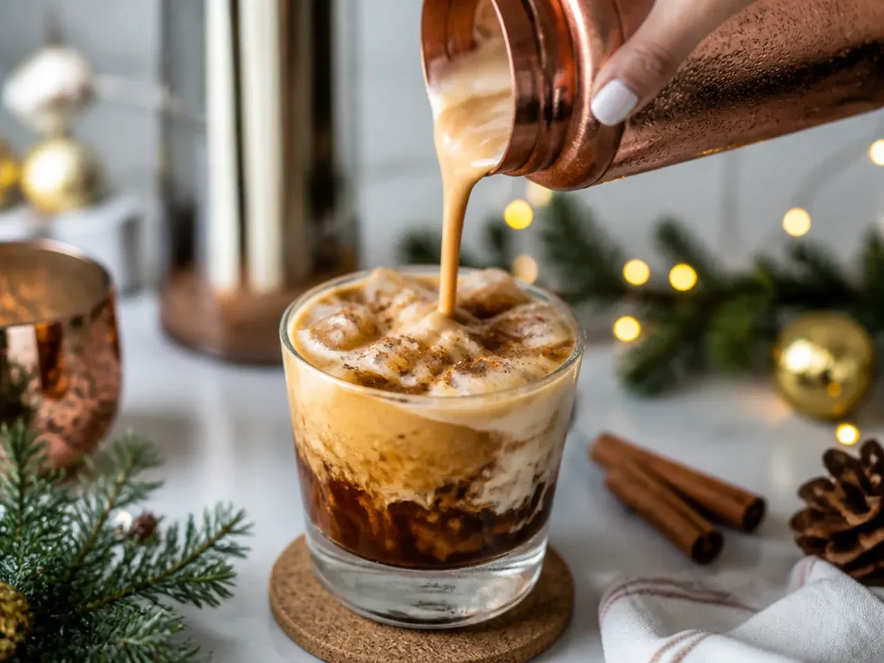 Creamy eggnog cortado in a small glass cup with freshly grated nutmeg on top