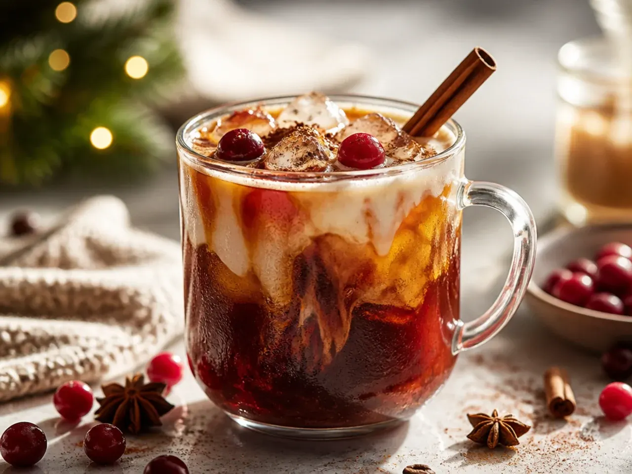 Iced cranberry spice coffee in a glass with visible red and brown layers, garnished with floating fresh cranberries