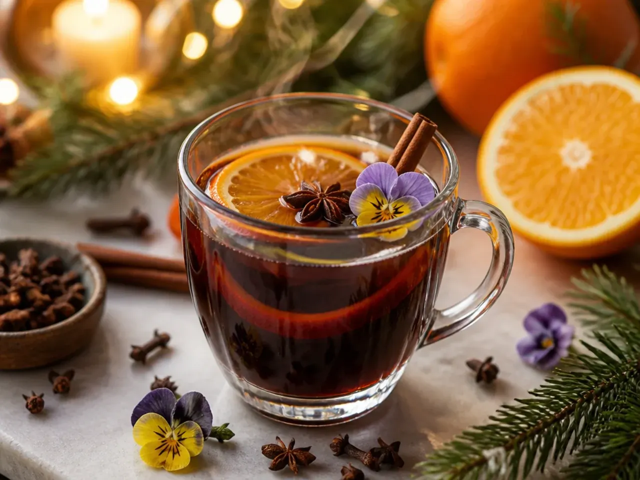 Mulled coffee in a glass mug with an orange twist, whole cloves, and a cinnamon stick floating on top