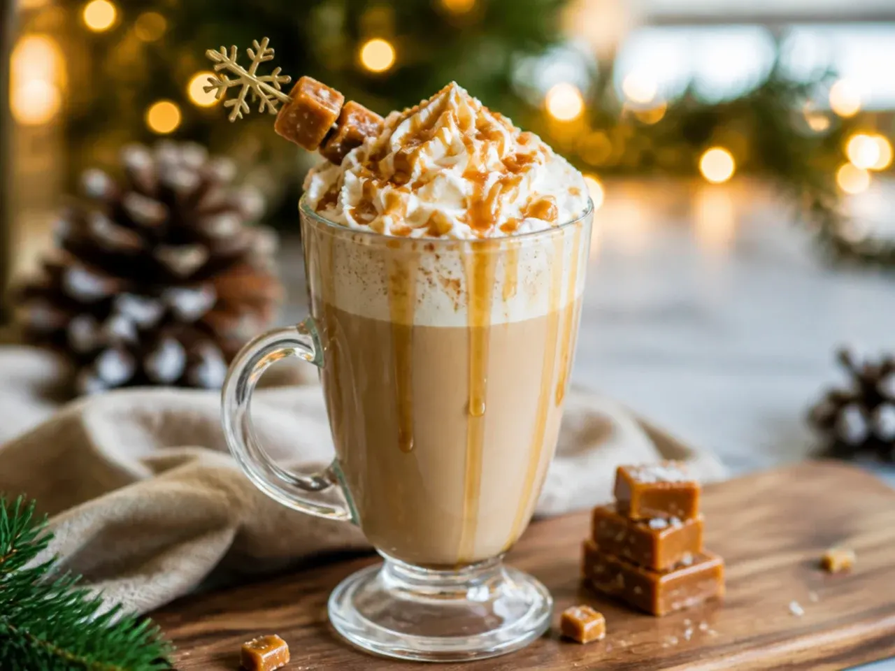 Butterscotch toffee latte in a small glass cup with whipped cream and shards of hardened toffee on top