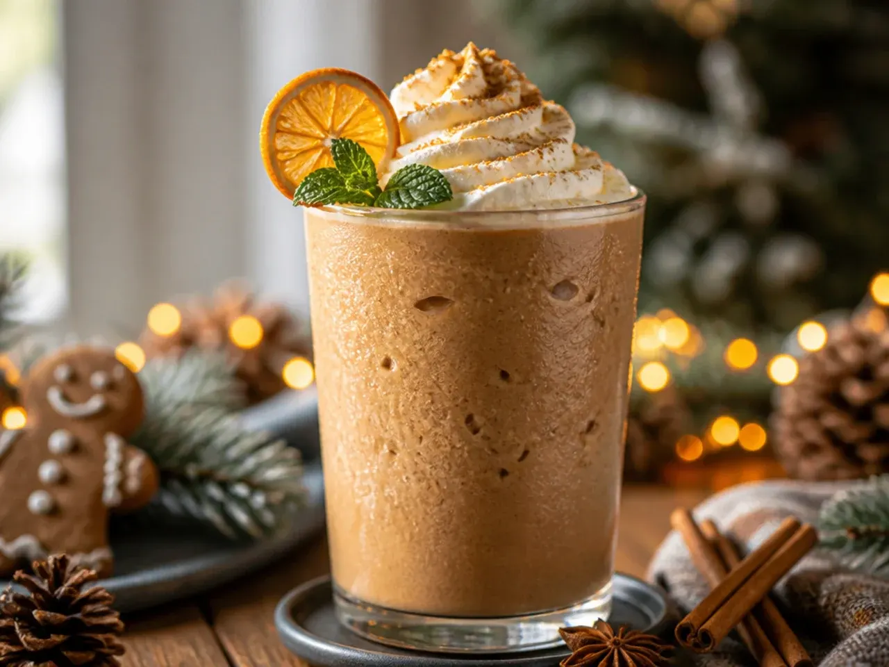 Frozen gingerbread frappe in a tall glass with whipped cream and crushed gingersnap biscuits on top