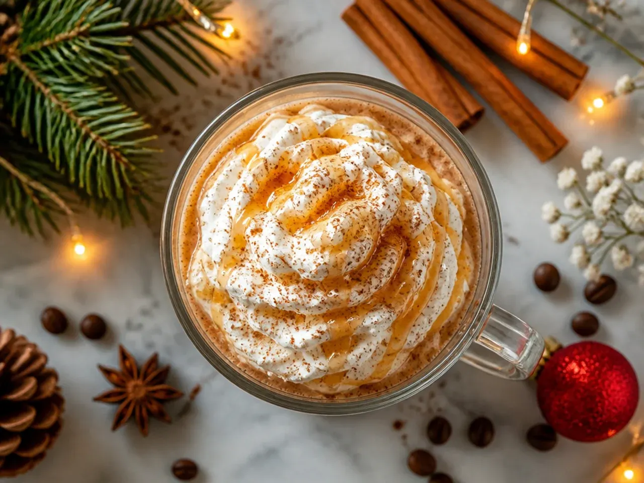 Easy three-ingredient christmas coffee in a simple white mug with a dusting of cinnamon on top
