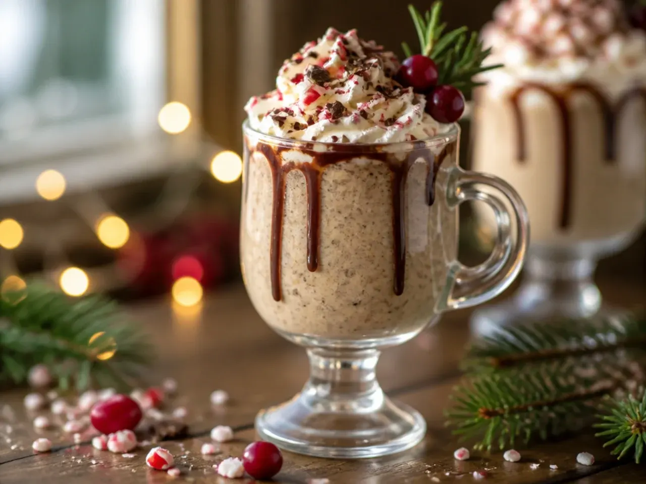 Blended peppermint bark milkshake coffee in a glass with whipped cream and crushed peppermint bark pieces on top