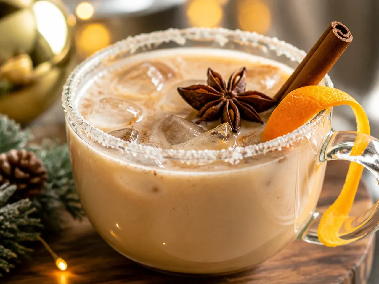 Spiced chai eggnog latte in a glass mug with a dusting of cardamom and visible cream-coloured foam