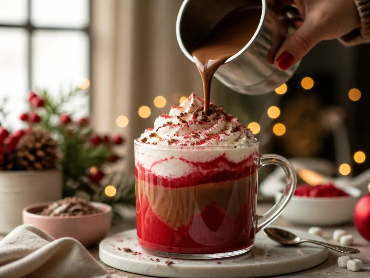 Festive red velvet mocha in a clear glass mug with a deep red hue and a swirl of cream cheese icing on top