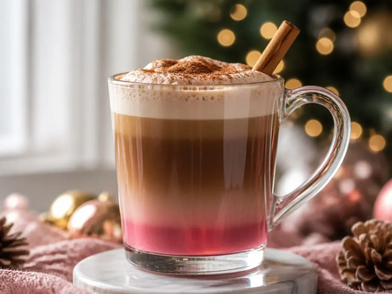 Layered candy cane mocha in a clear glass showing distinct chocolate, milk, and espresso layers with crushed candy cane on top
