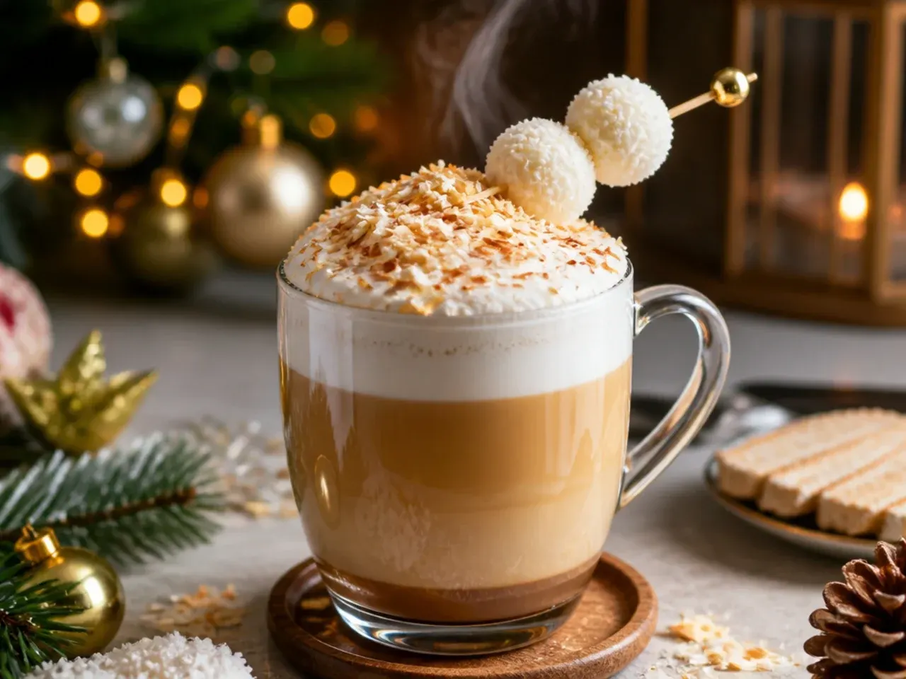 Toasted coconut snow latte in a white mug with a dusting of icing sugar and golden toasted coconut on top