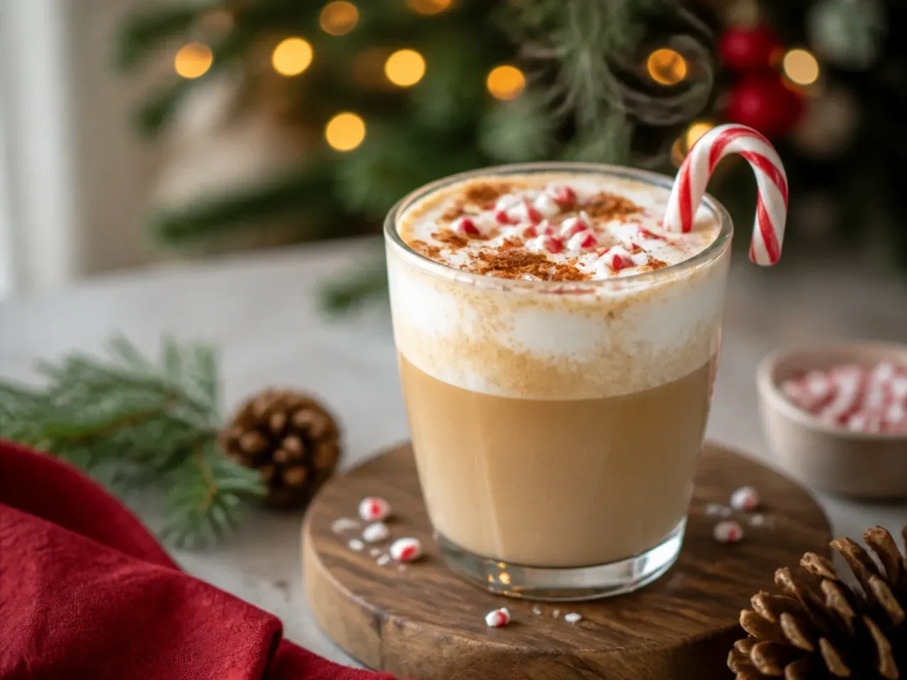 A christmas drink garnish station with bowls of whipped cream, crushed candy cane, cocoa powder, and cinnamon sticks