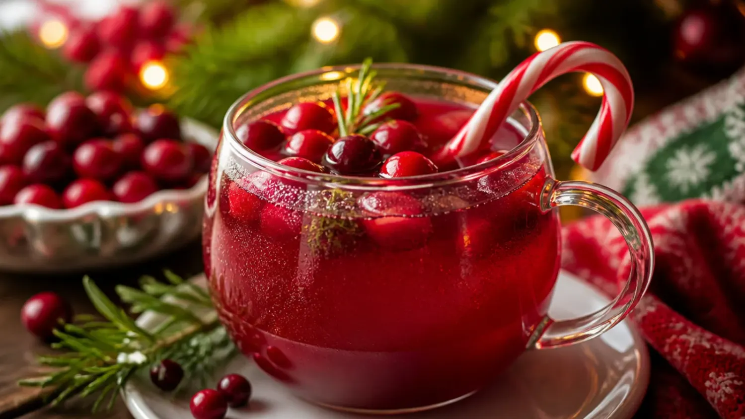A festive table spread of Christmas drinks for kids, including hot chocolate with marshmallows, a candy cane milkshake, and cranberry punch in glasses with holiday garnishes
