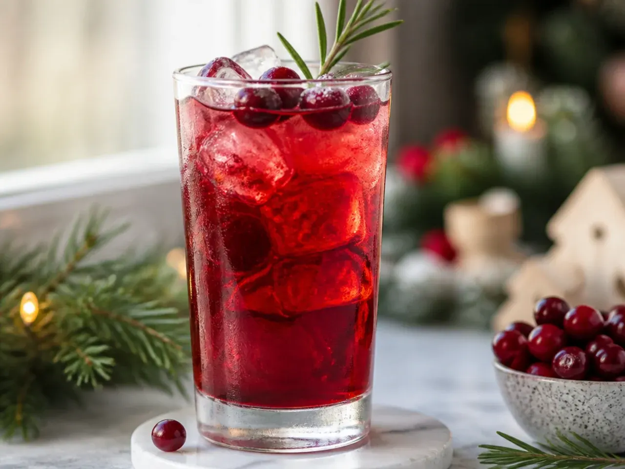 Overhead shot of several different Christmas drinks for kids lined up on a wooden table with festive garnishes