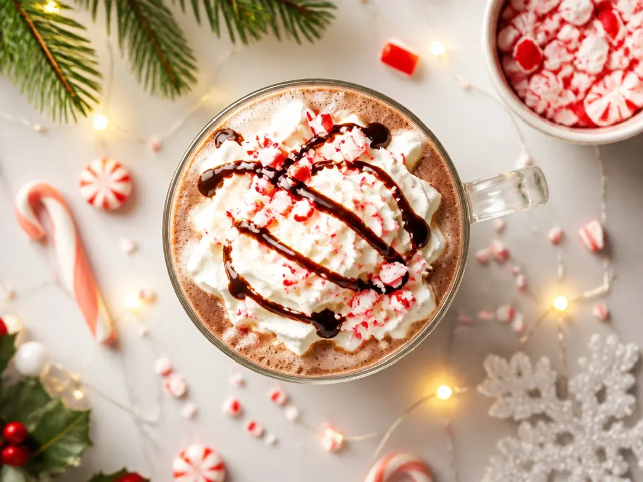 Iced peppermint hot chocolate float topped with ice cream and crushed candy cane in a tall glass