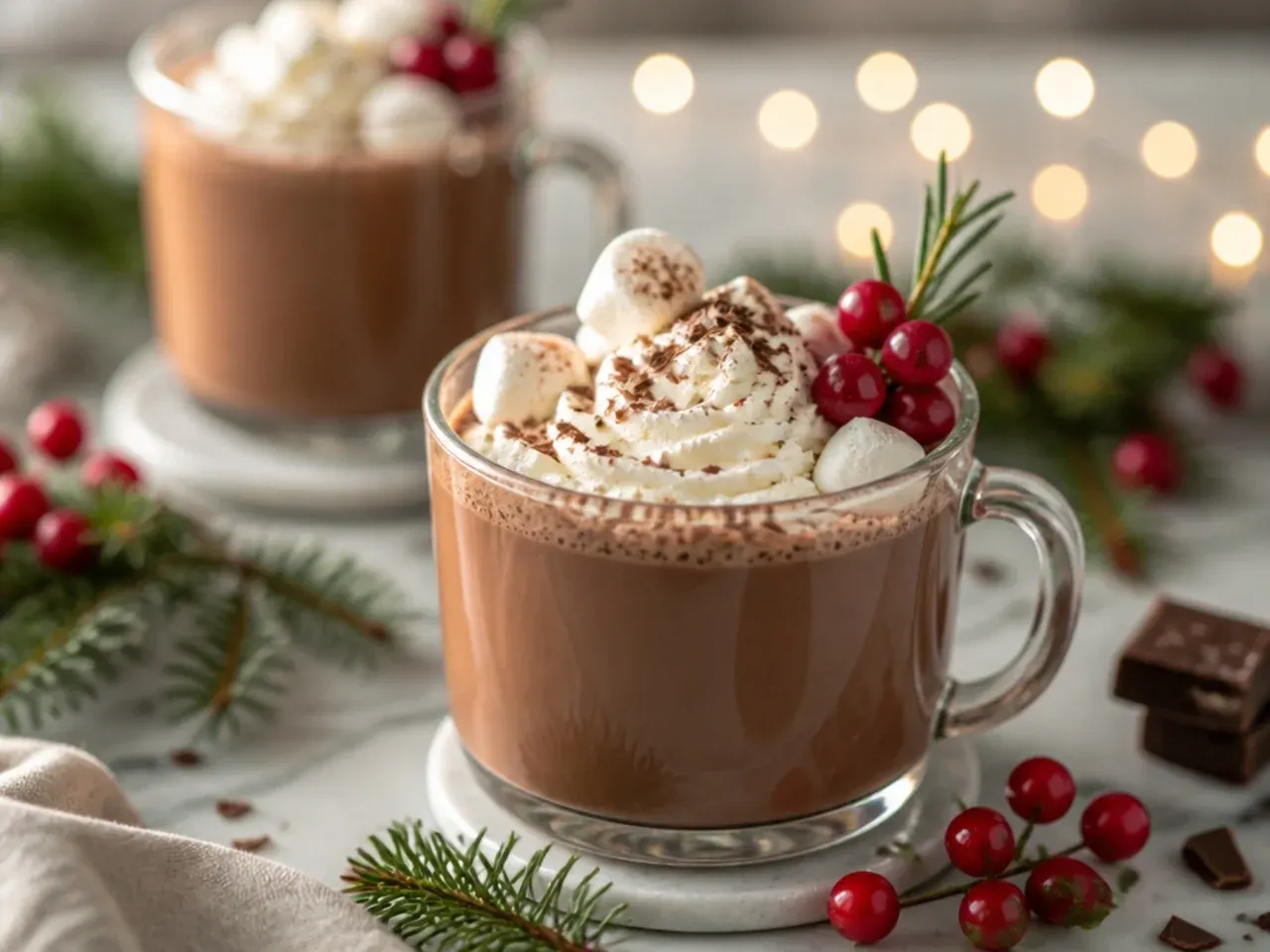 Mug of classic homemade hot chocolate topped with mini marshmallows