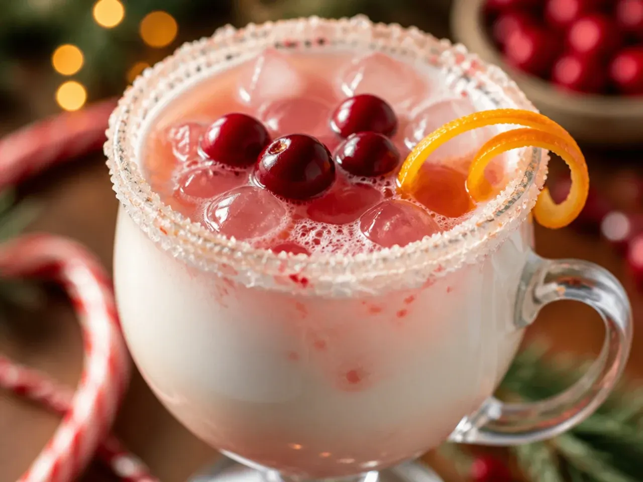 Frothy vanilla peppermint milk steamer in a clear glass mug dusted with cocoa powder