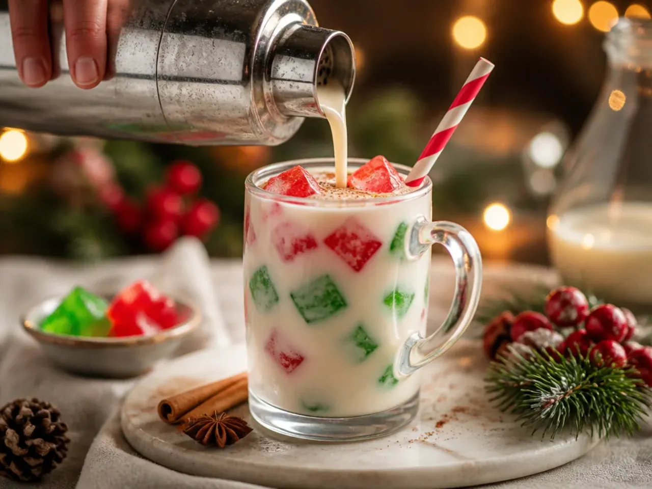 Creamy homemade eggnog-style milk punch in small glasses dusted with nutmeg